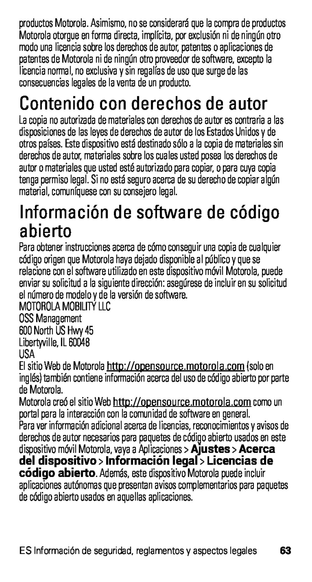 Motorola D1, XT915 manual Contenido con derechos de autor, Información de software de código abierto 