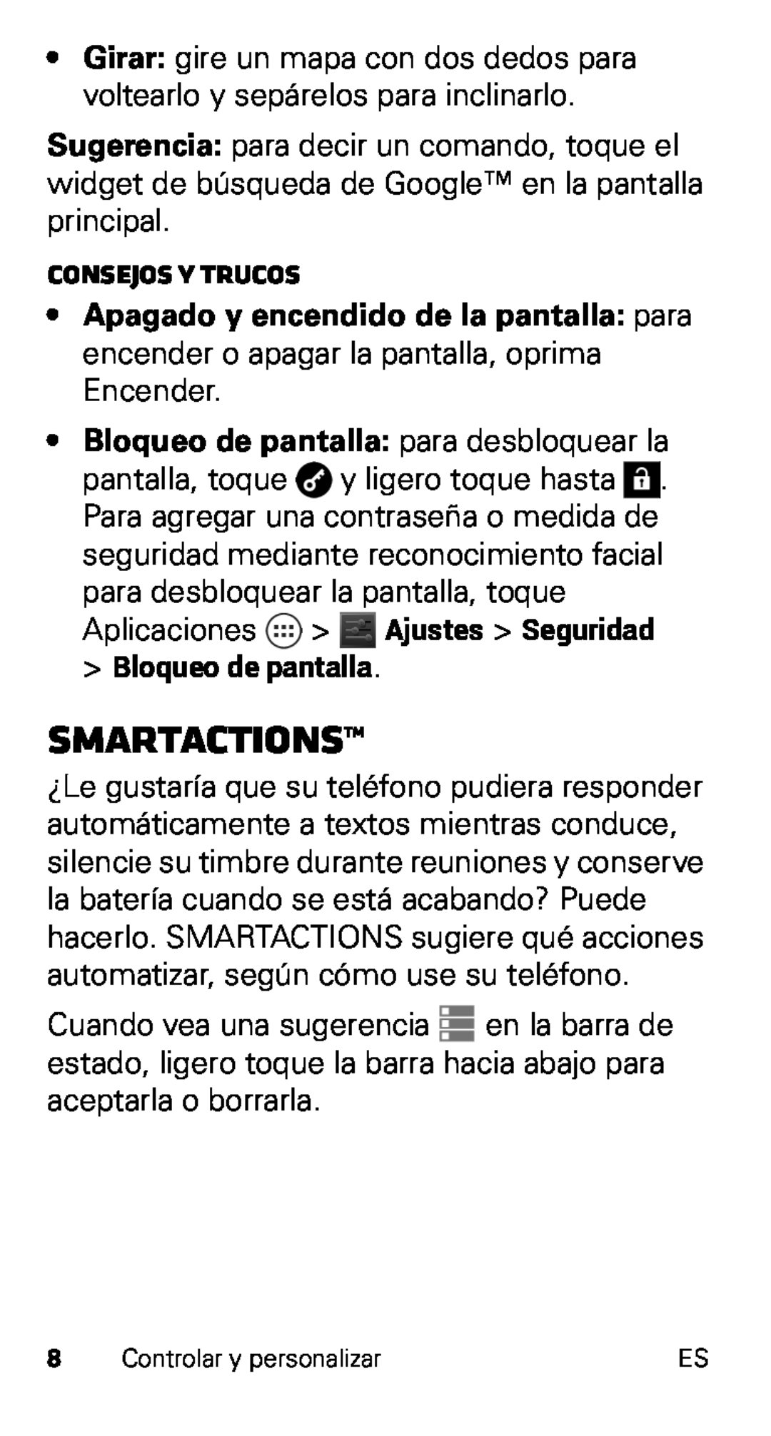 Motorola XT915, D1 manual Smartactions, Bloqueo de pantalla para desbloquear la, Consejos y trucos 