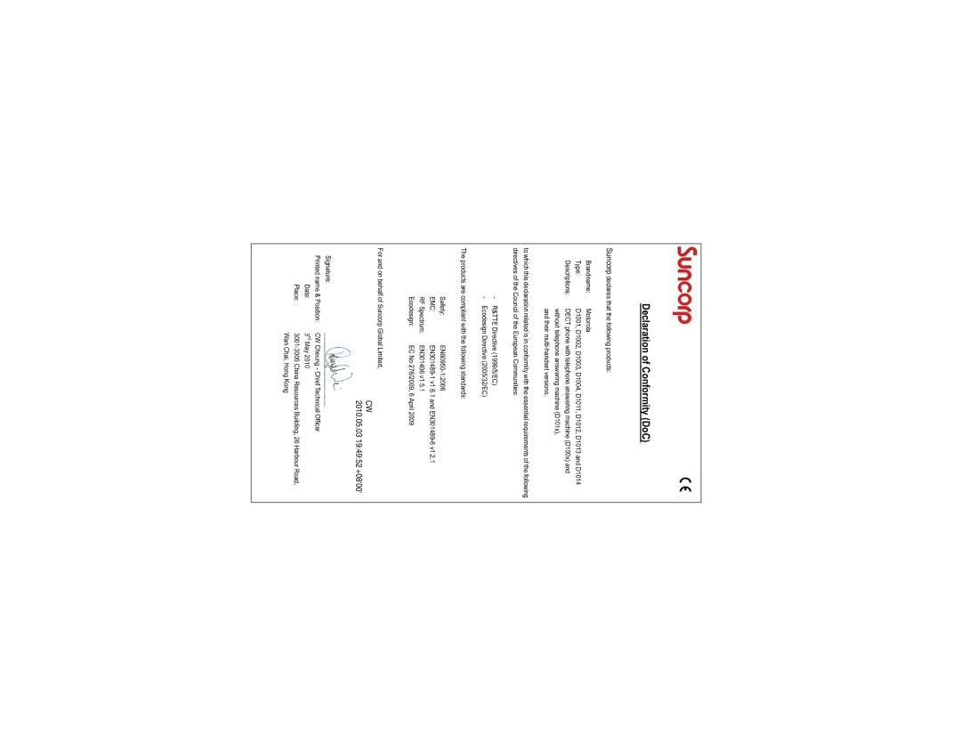 Motorola D1004, D1003, D1002, D1001 manual Declaration of Conformity DoC, Emc 