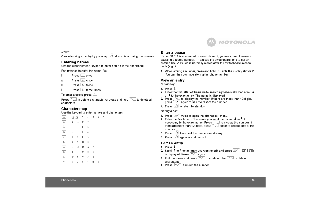 Motorola D1010 manual Entering names, Character map, Enter a pause, View an entry, Edit an entry 