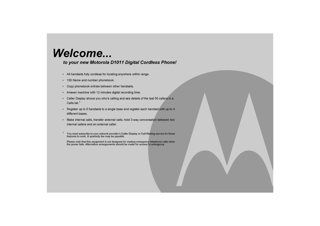 Motorola D1010 manual Welcome, To your new Motorola D1011 Digital Cordless Phone 