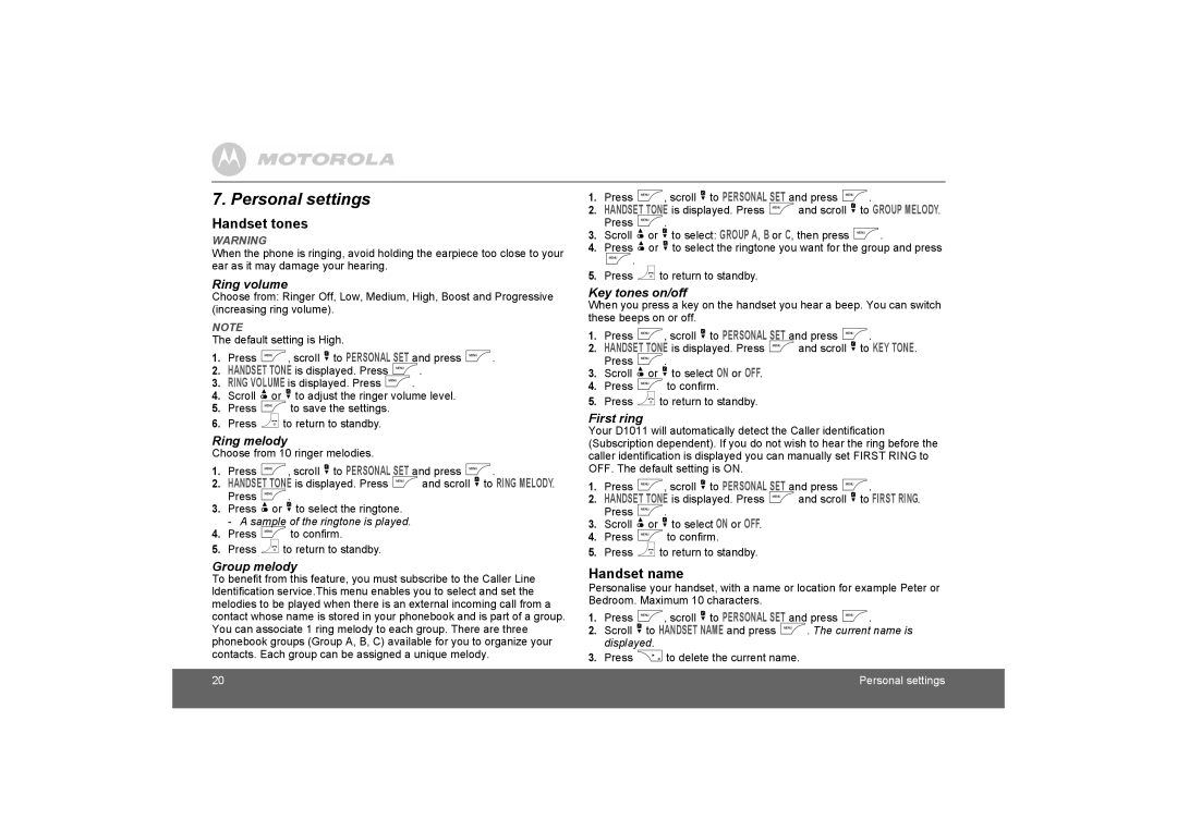 Motorola D1010 manual Personal settings, Handset tones, Handset name 