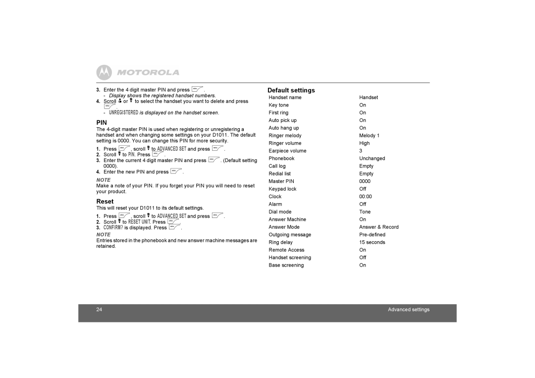 Motorola D1010 manual Reset, Default settings, Display shows the registered handset numbers 