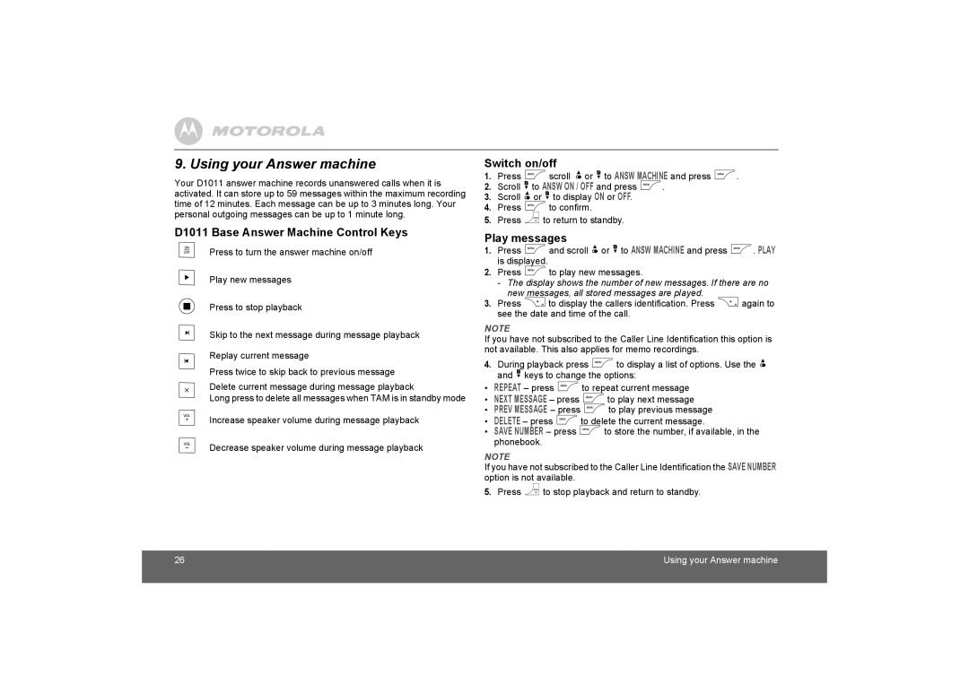 Motorola D1010 manual Using your Answer machine, D1011 Base Answer Machine Control Keys, Switch on/off, Play messages 