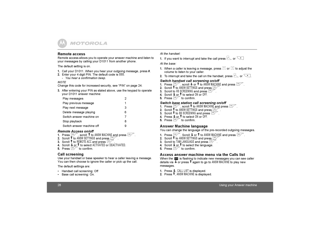 Motorola D1010 manual Remote access, Call screening, Answer Machine language, Access answer machine menu via the Calls list 