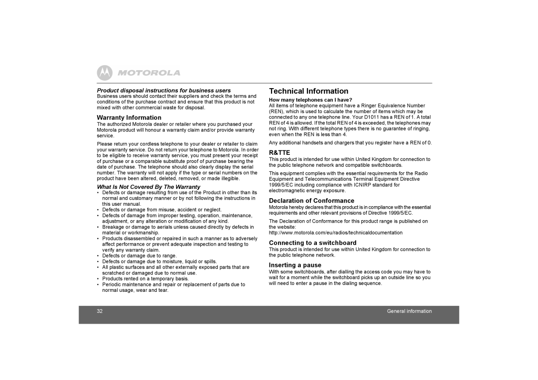 Motorola D1010 manual Warranty Information, Declaration of Conformance, Connecting to a switchboard, Inserting a pause 