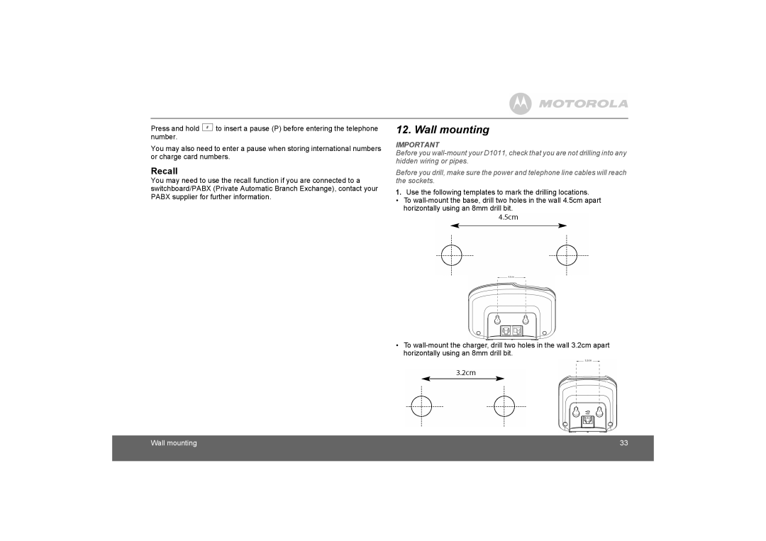 Motorola D1010 manual Wall mounting, Recall 