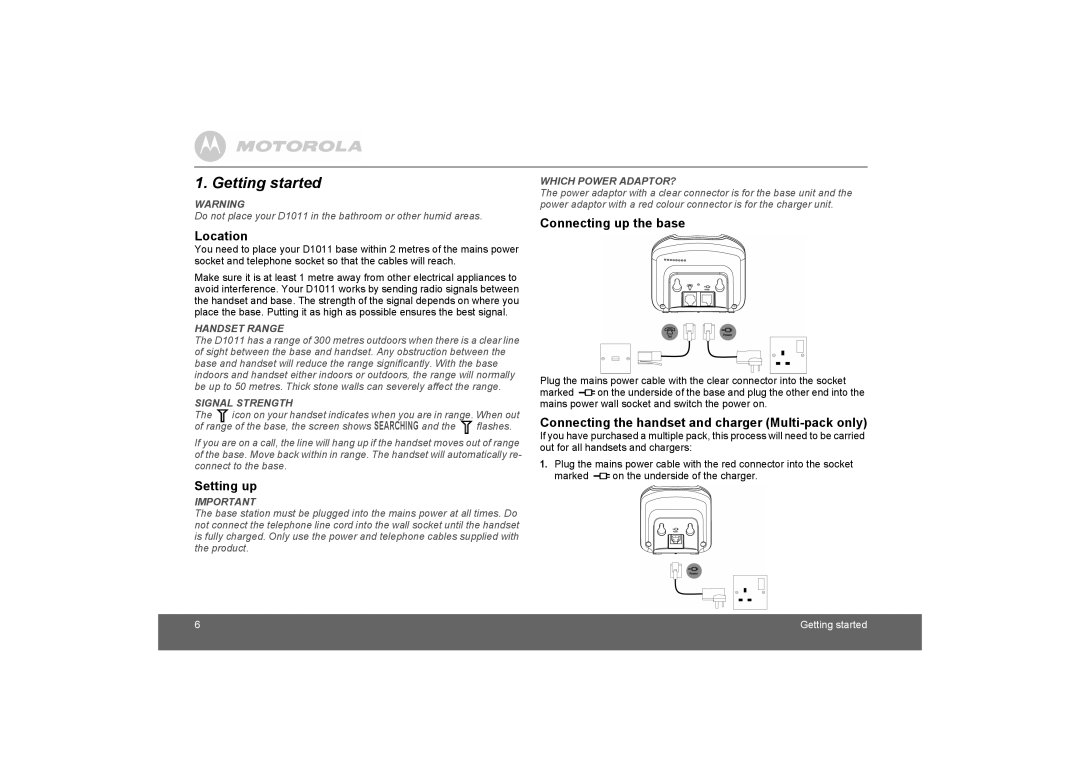 Motorola D1010 manual Getting started, Location, Setting up, Connecting up the base 