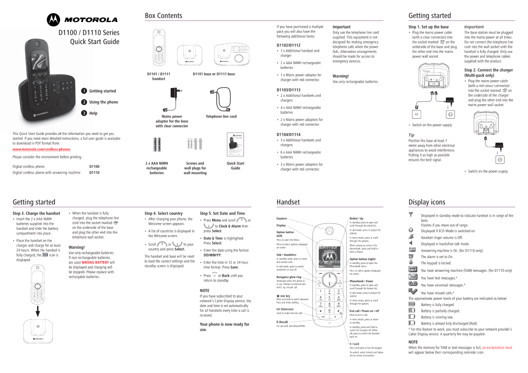 Motorola D1100 Series, D1110 Series quick start Box Contents Getting started 