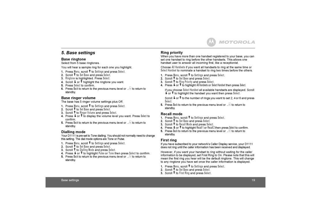 Motorola D1110 manual Base settings 