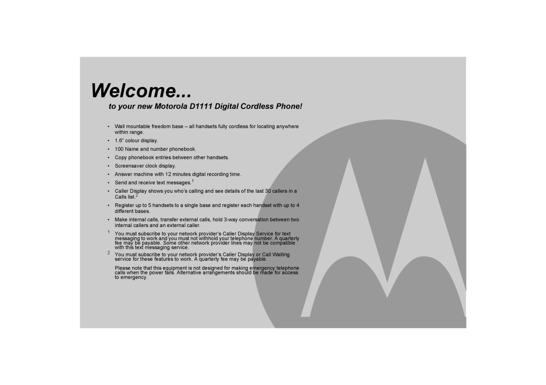 Motorola D1110 manual Welcome, To your new Motorola D1111 Digital Cordless Phone 