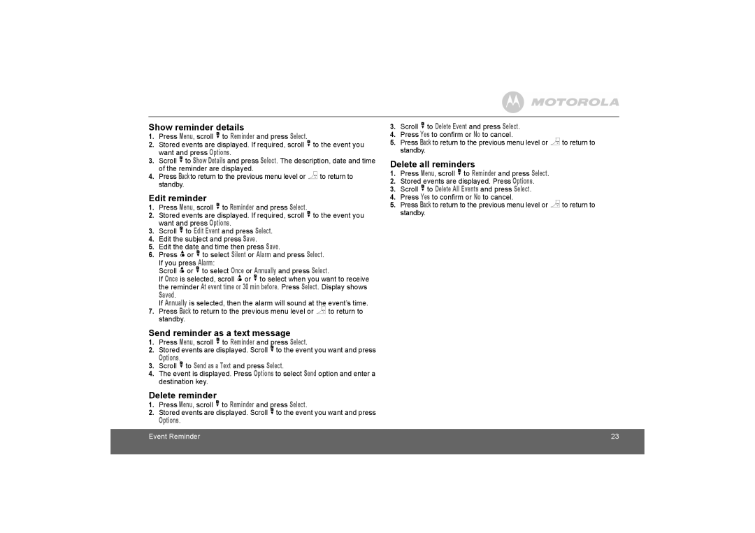 Motorola D1110 manual Show reminder details, Edit reminder, Send reminder as a text message, Delete reminder 