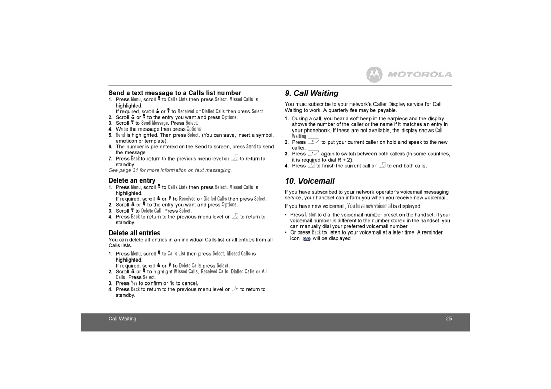 Motorola D1110 manual Call Waiting, Voicemail, Send a text message to a Calls list number, Delete all entries 