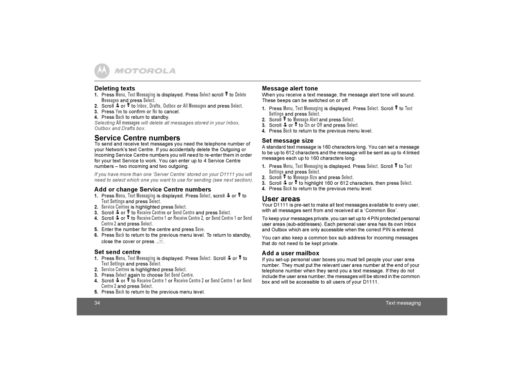 Motorola D1110 manual Service Centre numbers, User areas 