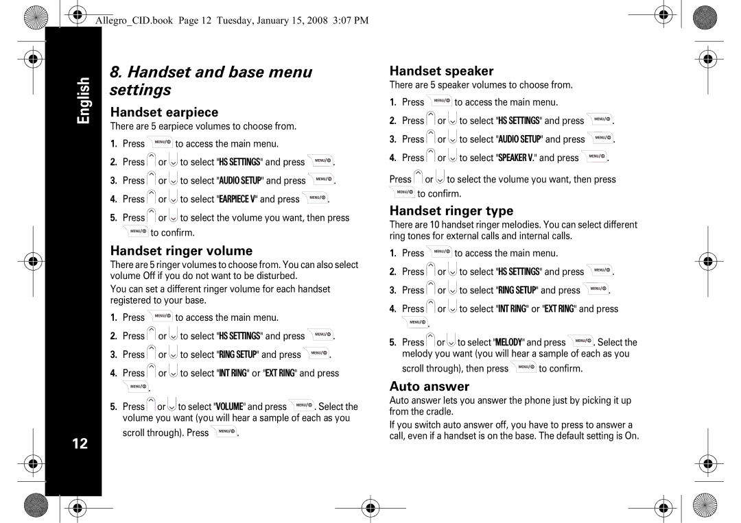 Motorola D200 manual Handset and base menu settings 