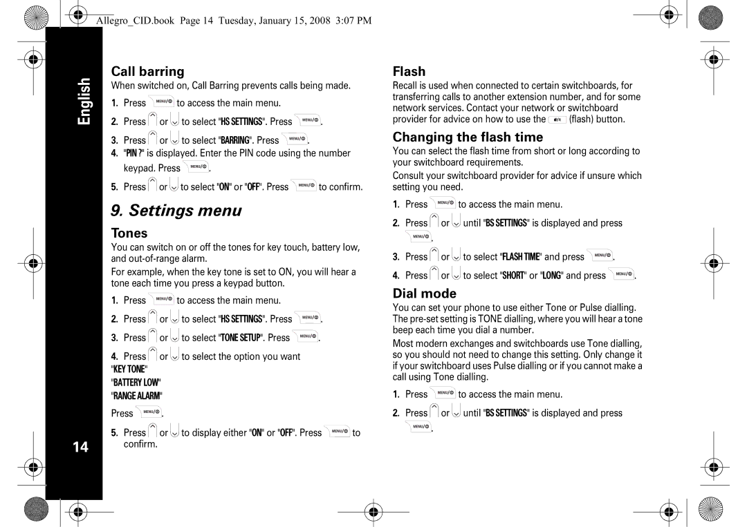 Motorola D200 manual Settings menu 