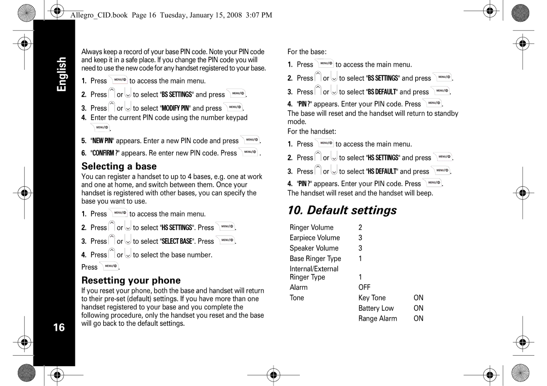 Motorola D200 manual Default settings, Selecting a base, Resetting your phone 