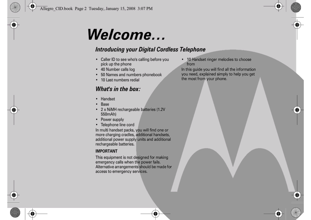 Motorola D200 manual Welcome…, AllegroCID.book Page 2 Tuesday, January 15, 2008 307 PM 