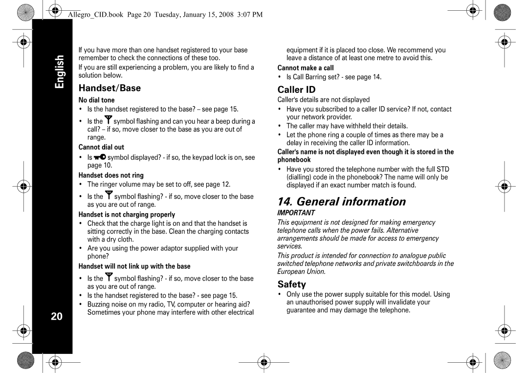 Motorola D200 manual General information, Handset/Base, Safety, AllegroCID.book Page 20 Tuesday, January 15, 2008 307 PM 