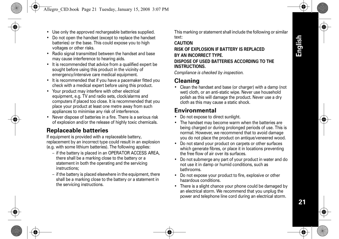 Motorola D200 Replaceable batteries, Cleaning, Environmental, AllegroCID.book Page 21 Tuesday, January 15, 2008 307 PM 