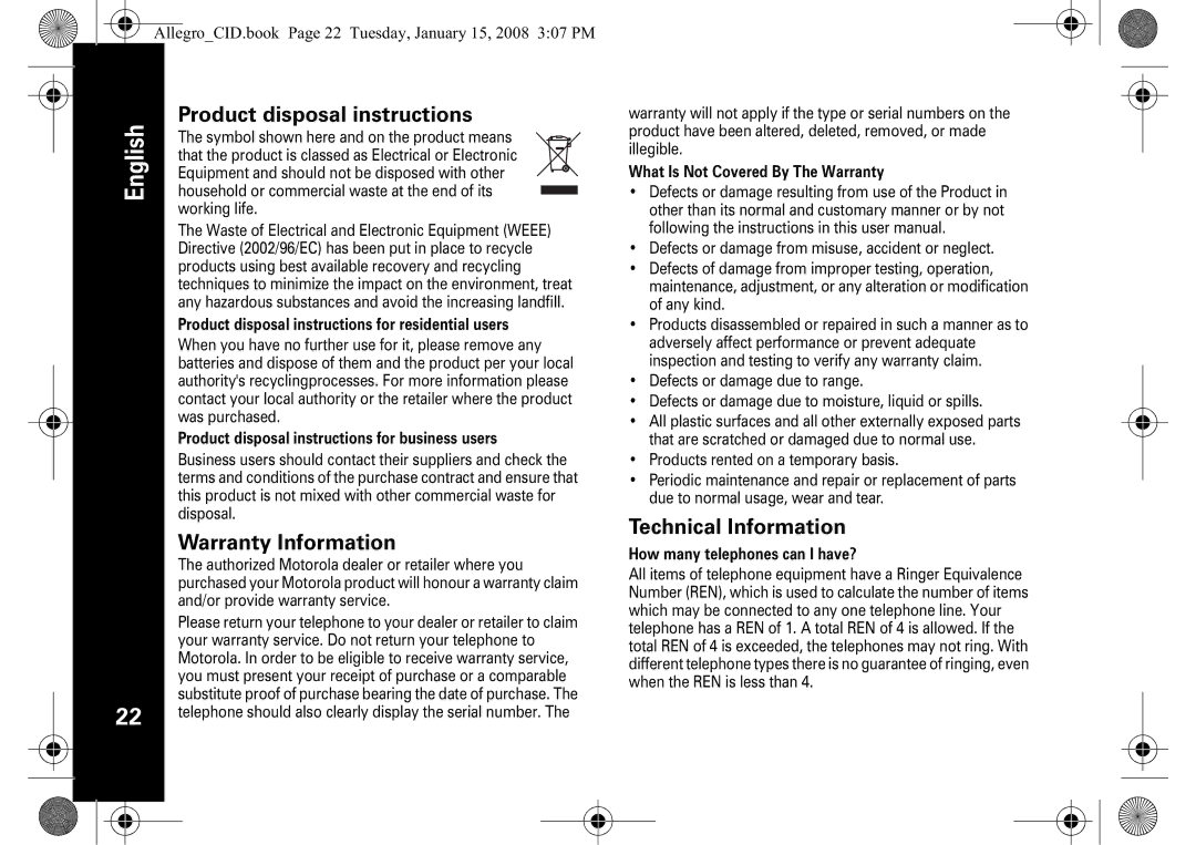 Motorola D200 manual Product disposal instructions, Warranty Information, Technical Information 