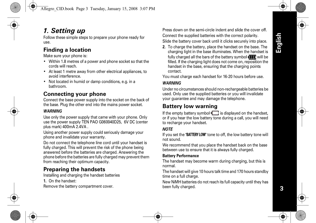 Motorola D200 manual Setting up, Finding a location, Connecting your phone, Preparing the handsets, Battery low warning 