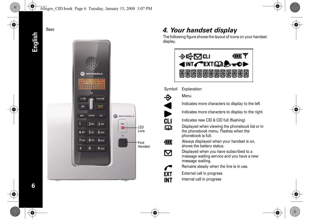 Motorola D200 manual Your handset display, AllegroCID.book Page 6 Tuesday, January 15, 2008 307 PM 