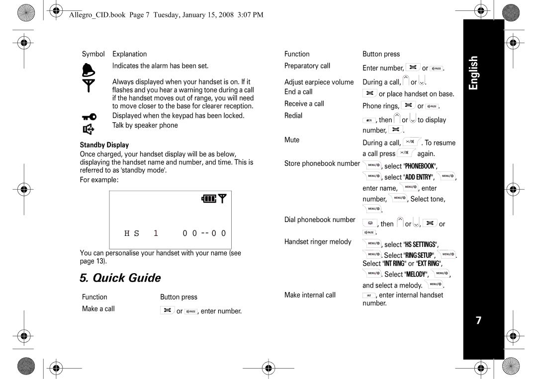 Motorola D200 manual Quick Guide, AllegroCID.book Page 7 Tuesday, January 15, 2008 307 PM, Standby Display 