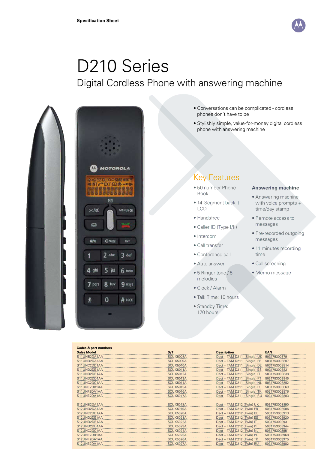 Motorola specifications D210 Series, Answering machine 