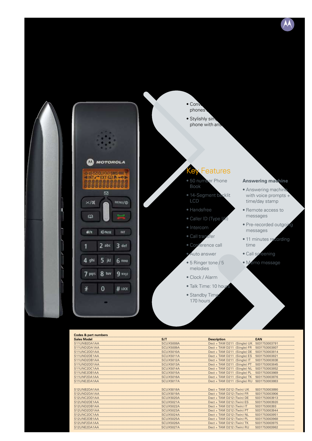 Motorola D210 specifications Answering machine, Specification Sheet, Codes & part numbers, Sales Model, Description 