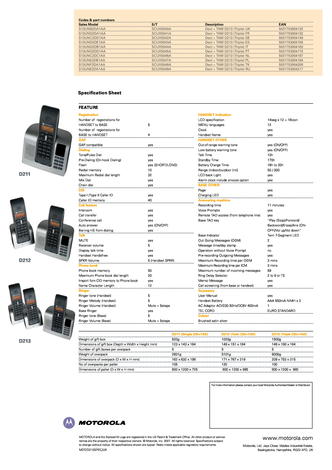 Motorola D210 specifications D211 D212 D213, Specification Sheet, Feature, Codes & part numbers, Sales Model, Description 