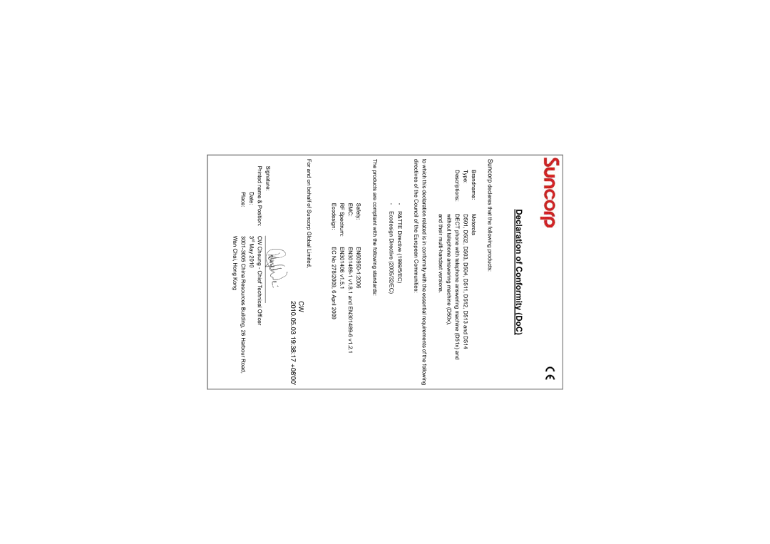 Motorola D511, D513, D512 manual Declaration of Conformity DoC, Emc 