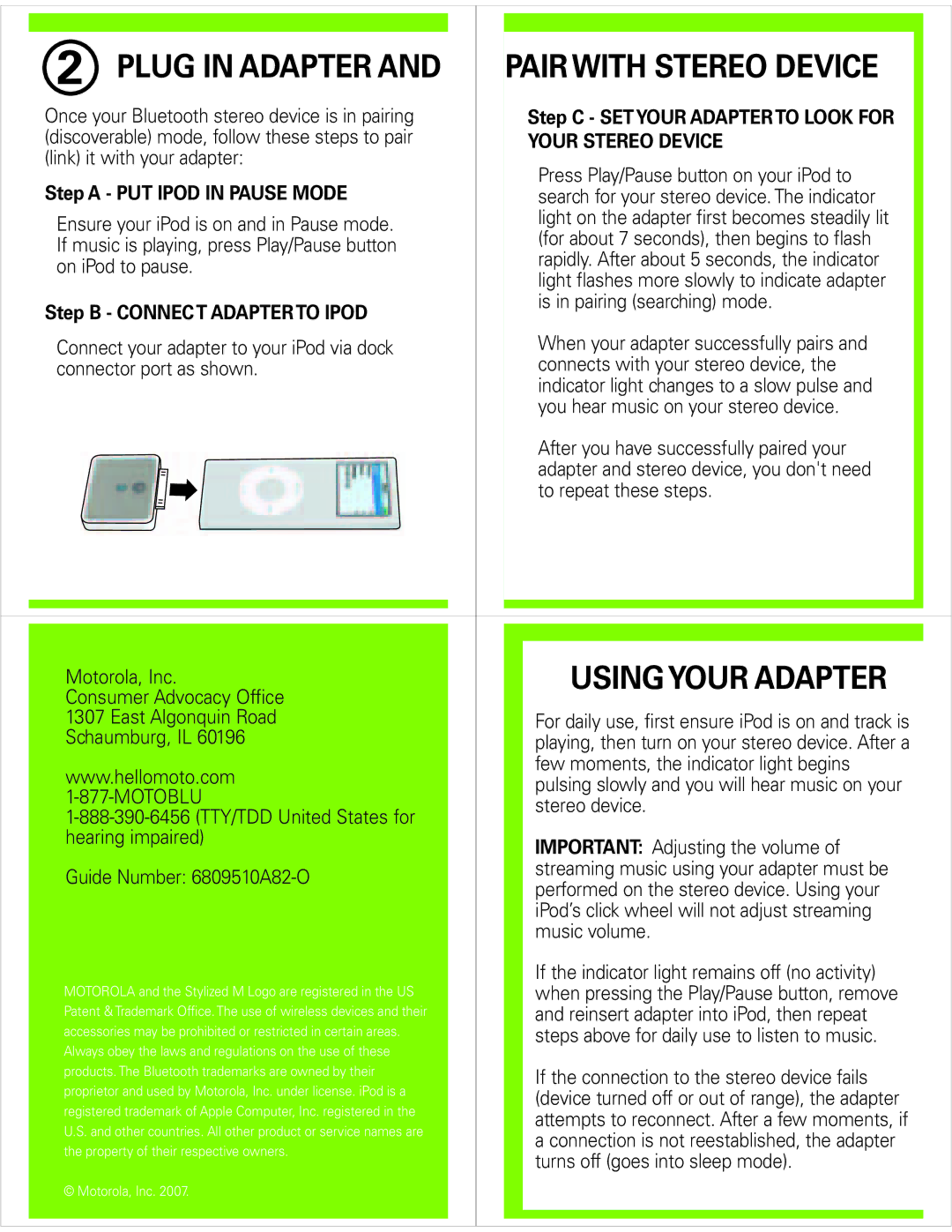 Motorola D650 quick start Plug in Adapter, Using Your Adapter, Pair with Stereo Device, Your Stereo Device 