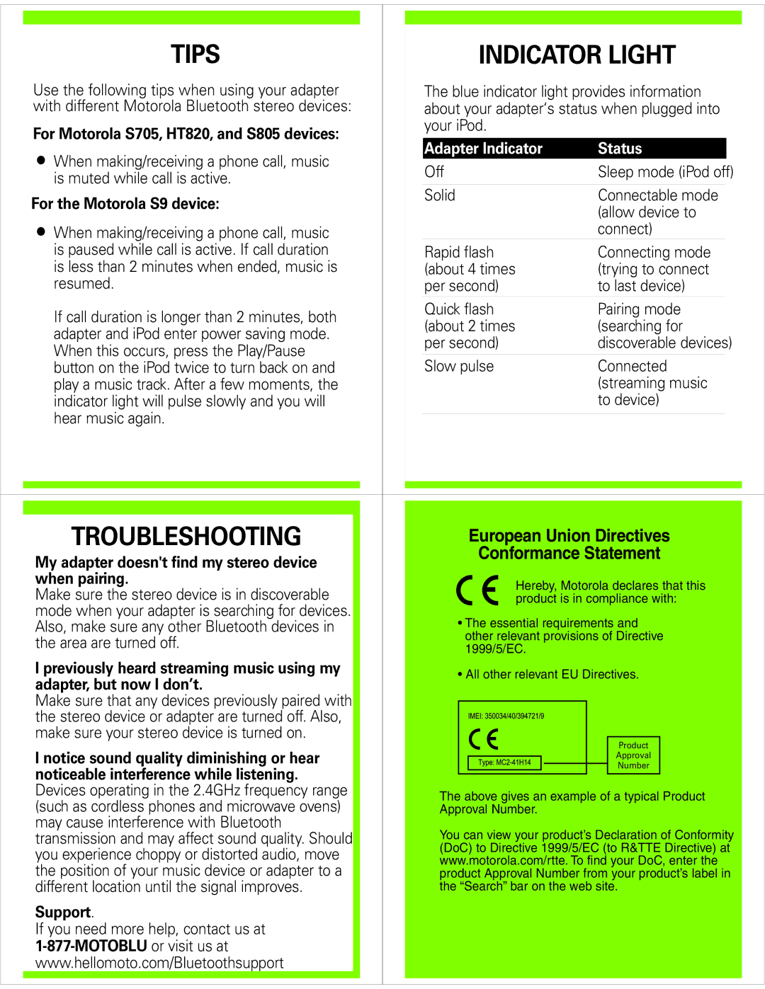 Motorola D650 quick start Tips Indicator Light, Troubleshooting, Adapter Indicator Status 