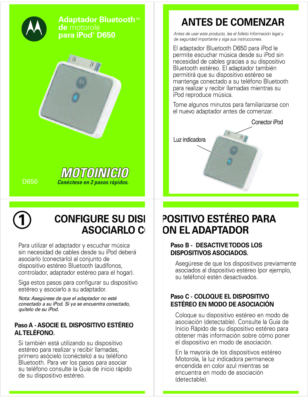 Motorola Positivo Estéreo Para, Asociarlo CO On EL Adaptador, Antes DE Comenzar, Adaptador Bluetooth, Para iPod D650 