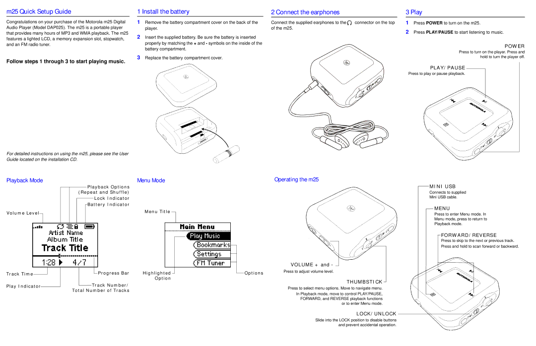 Motorola DAP0 25 setup guide M25 Quick Setup Guide, Install the battery, Connect the earphones Play 