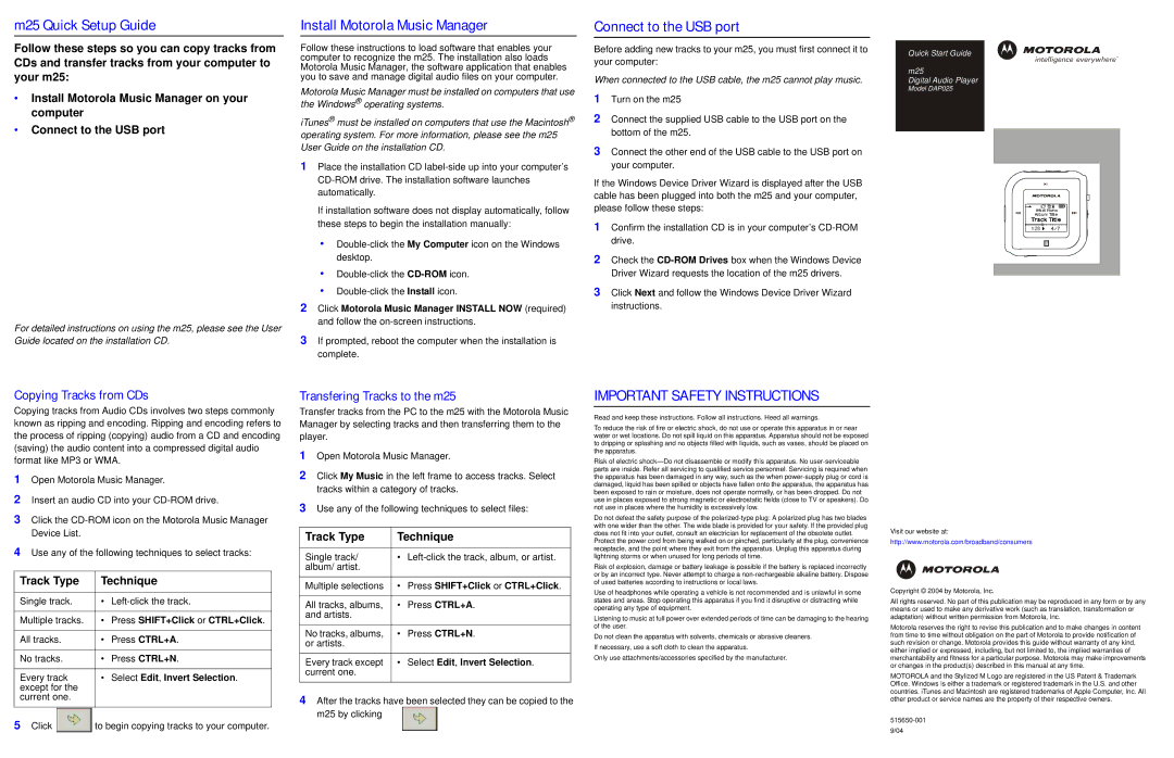 Motorola DAP0 25 Install Motorola Music Manager, Connect to the USB port, Copying Tracks from CDs, Track Type Technique 