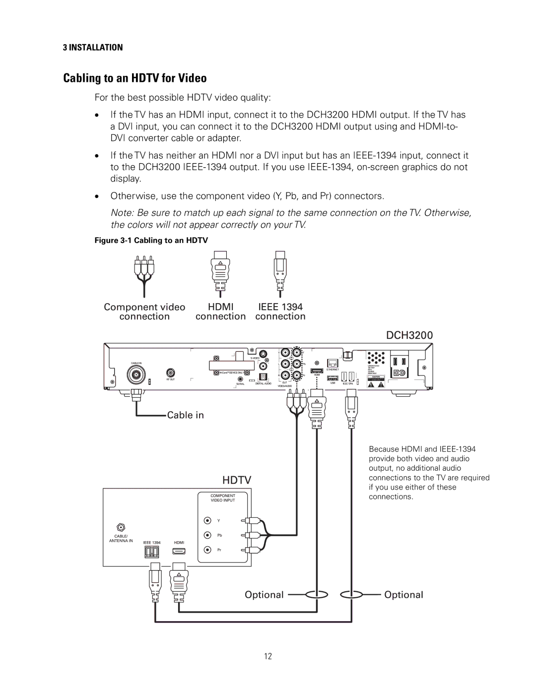 Motorola DCH3200 installation manual Cabling to an Hdtv for Video 