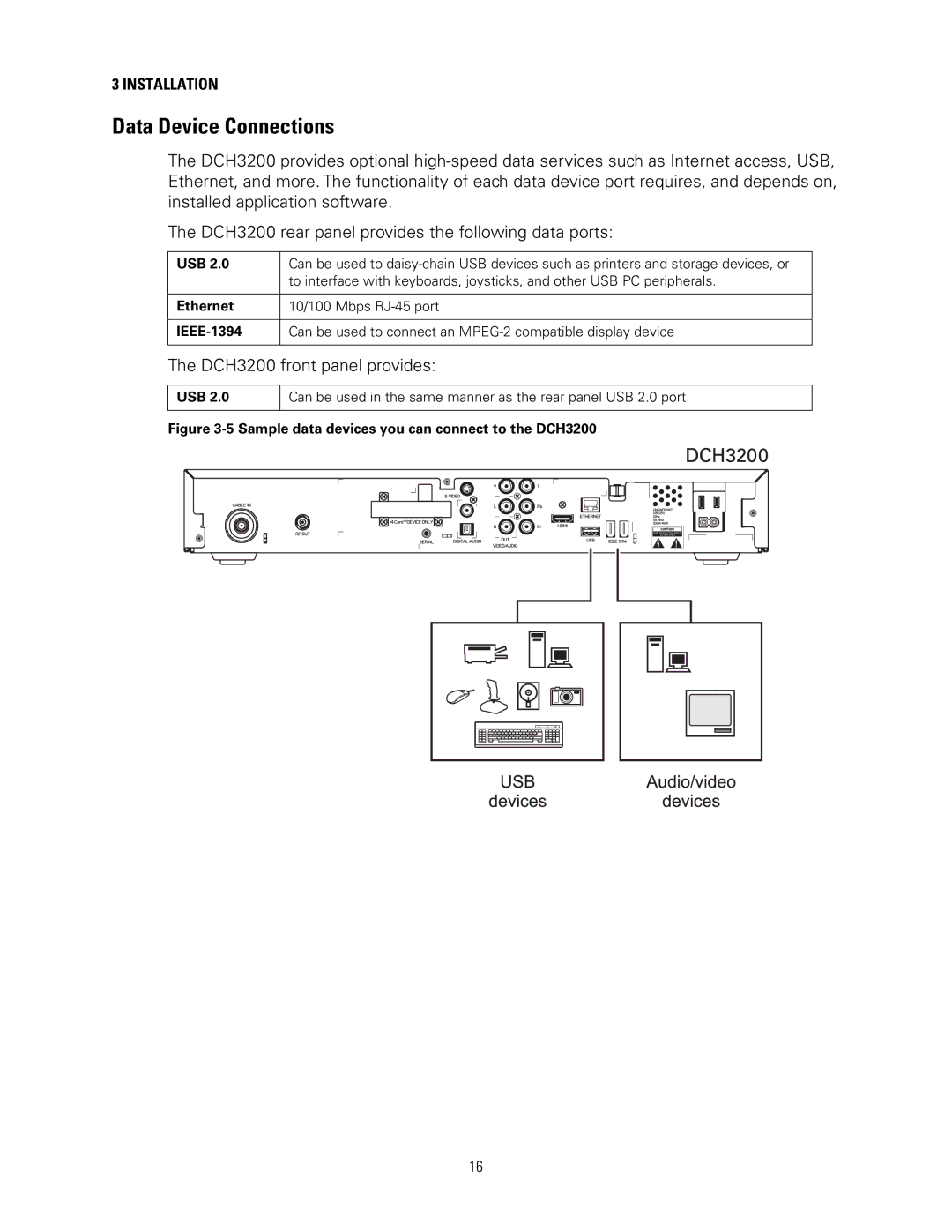 Motorola installation manual Data Device Connections, DCH3200 front panel provides, Usb, Ethernet 