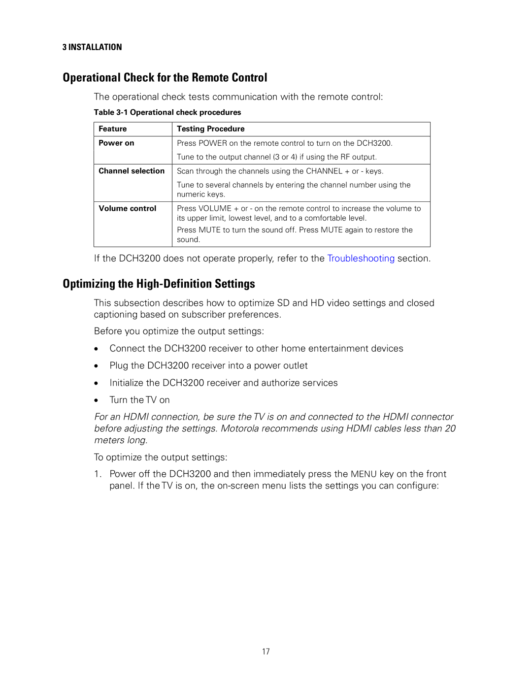 Motorola DCH3200 Operational Check for the Remote Control, Optimizing the High-Definition Settings, Channel selection 