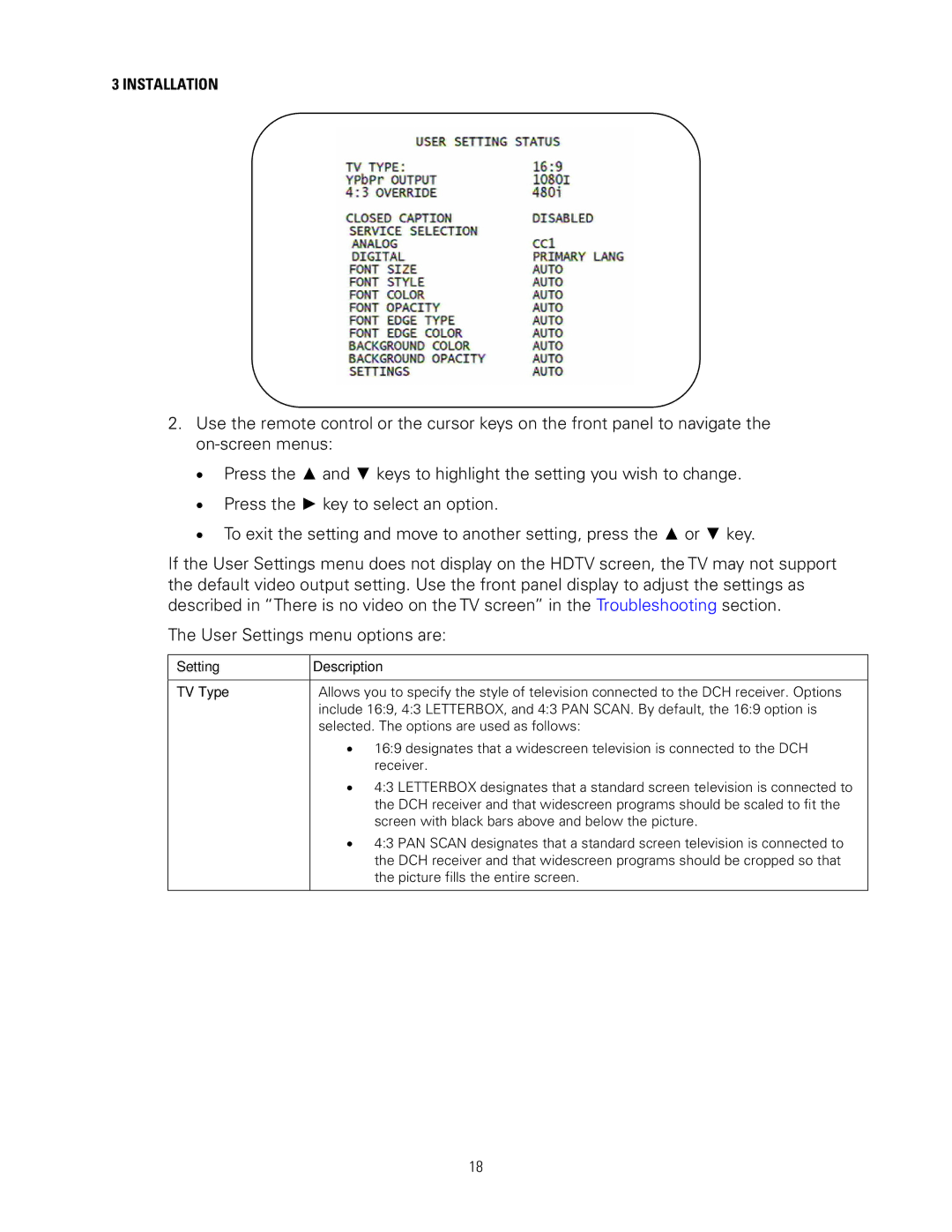 Motorola DCH3200 installation manual Setting TV Type Description 