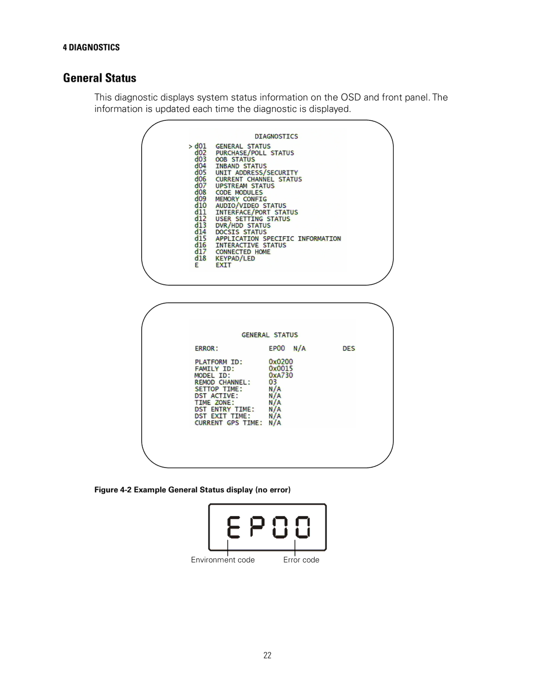 Motorola DCH3200 installation manual Example General Status display no error 