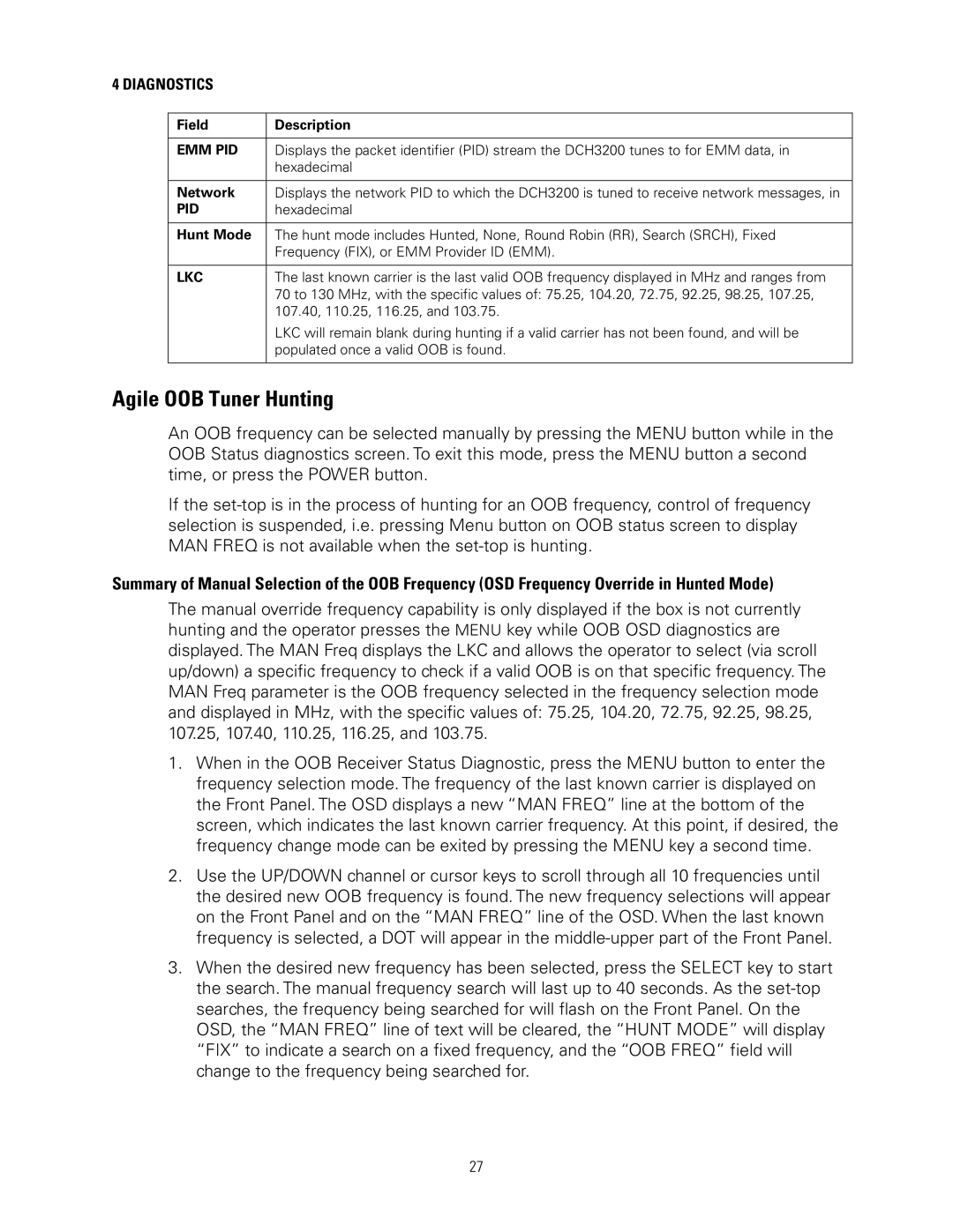 Motorola DCH3200 installation manual Agile OOB Tuner Hunting, Emm Pid, Lkc 