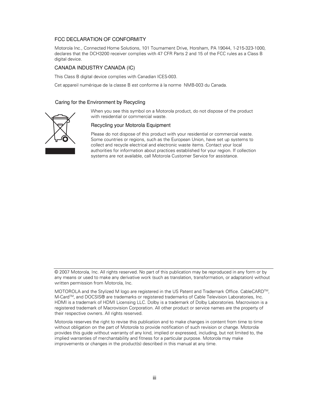 Motorola DCH3200 installation manual FCC Declaration of Conformity 