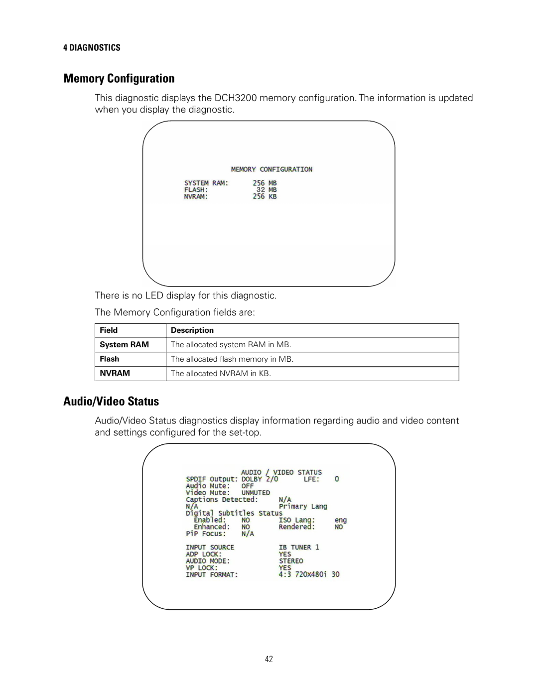 Motorola DCH3200 installation manual Memory Configuration, Audio/Video Status, Allocated Nvram in KB 