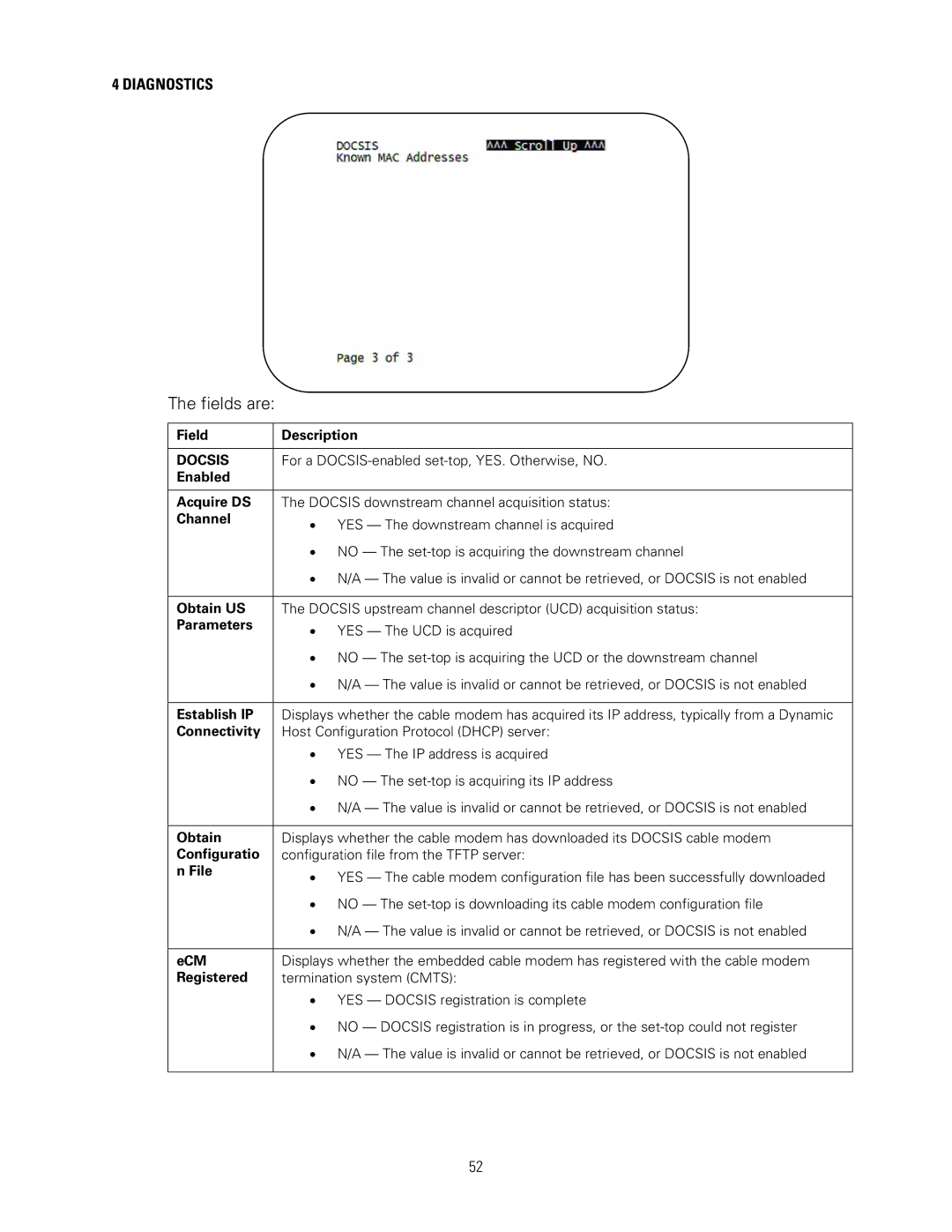 Motorola DCH3200 installation manual Fields are, Docsis 