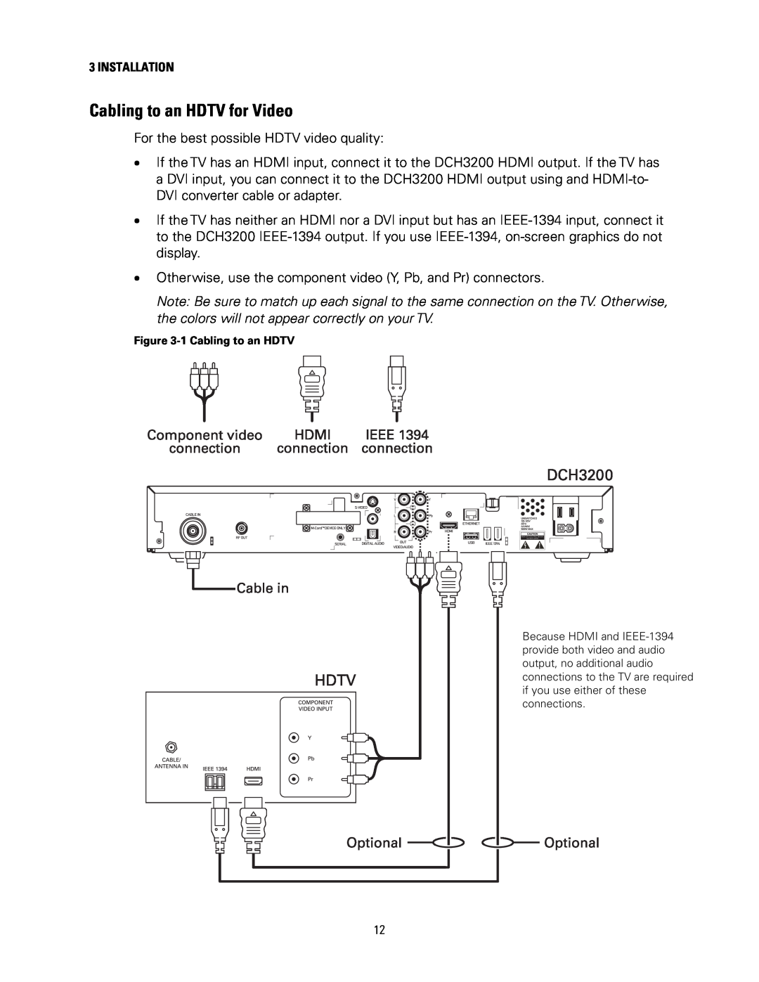 Motorola DCH3200 installation manual Cabling to an HDTV for Video 