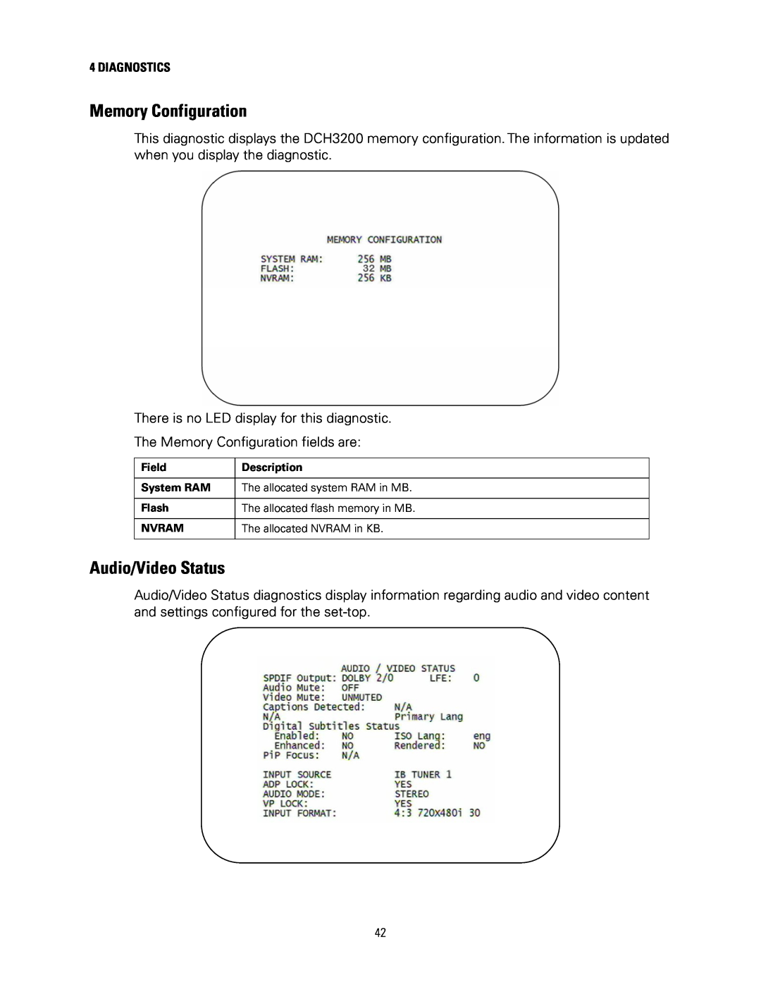 Motorola DCH3200 installation manual Memory Configuration, Audio/Video Status 