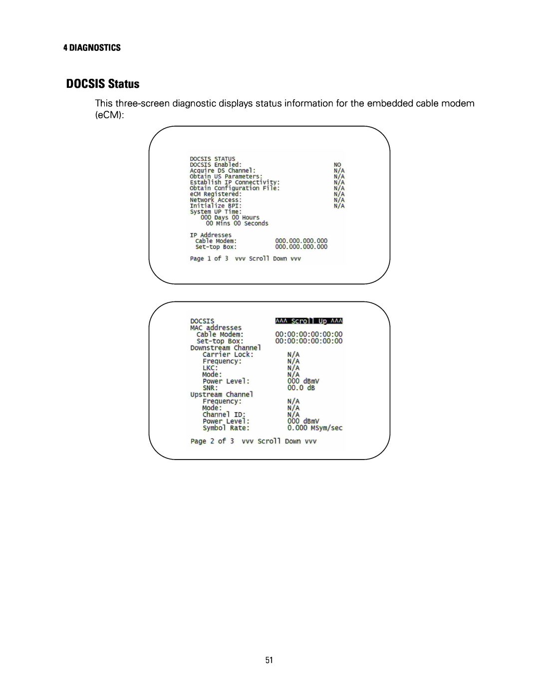 Motorola DCH3200 installation manual DOCSIS Status, Diagnostics 