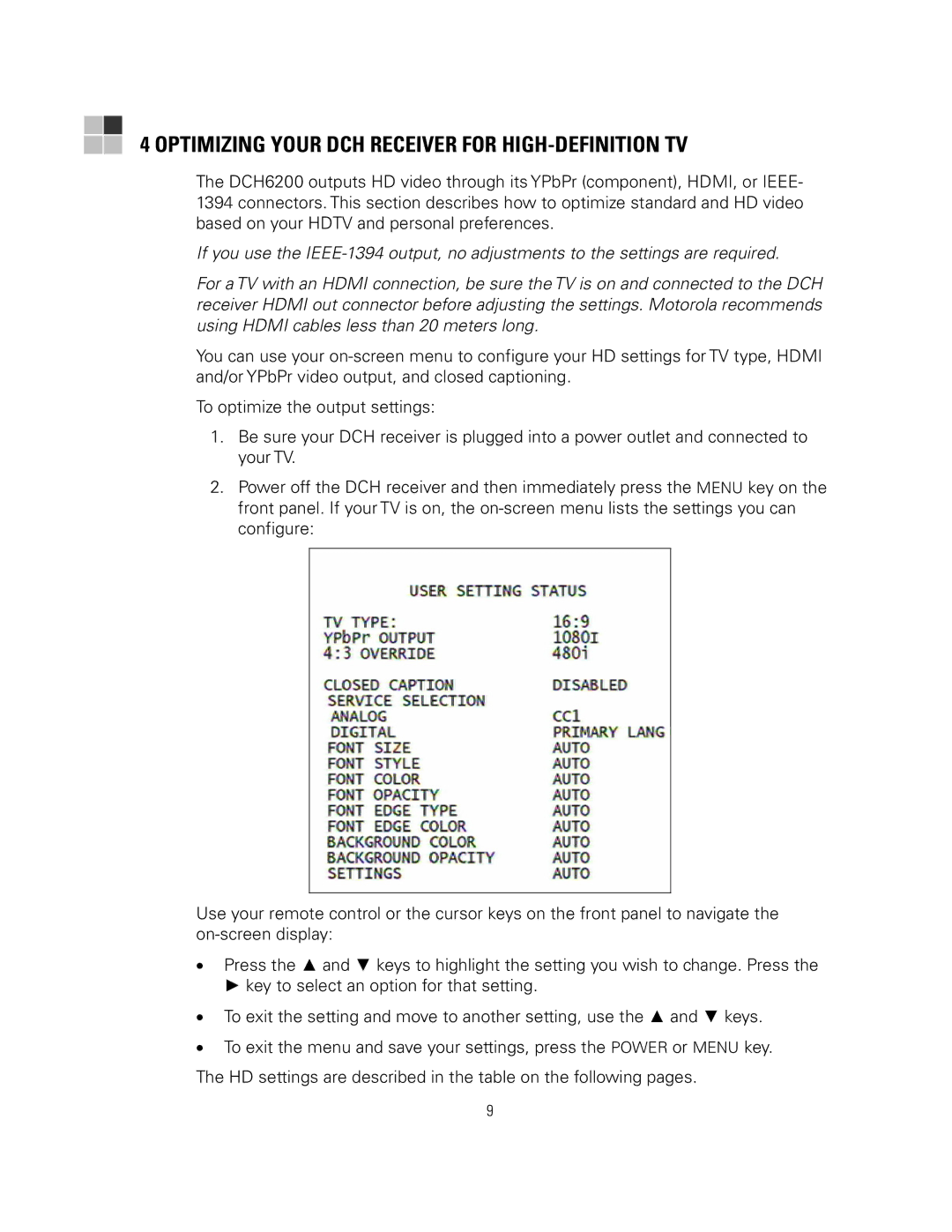 Motorola DCH6200 operation manual Optimizing Your DCH Receiver for HIGH-DEFINITION TV 